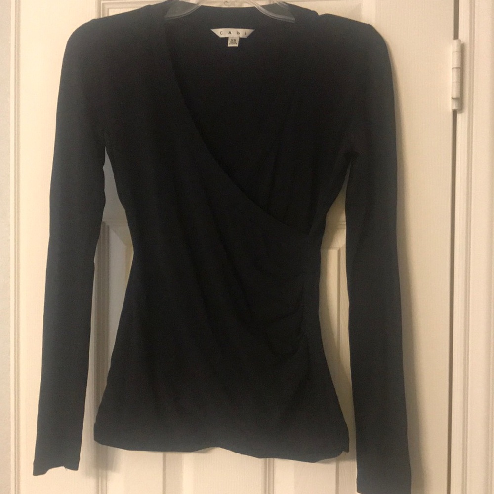 CAbi black faux wrap top size XS